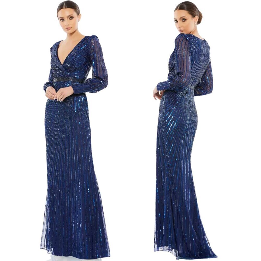 Mac Duggal Sequined Wrap Over Bishop Sleeve Gown Women 10 Midnight Navy 5501 NWT